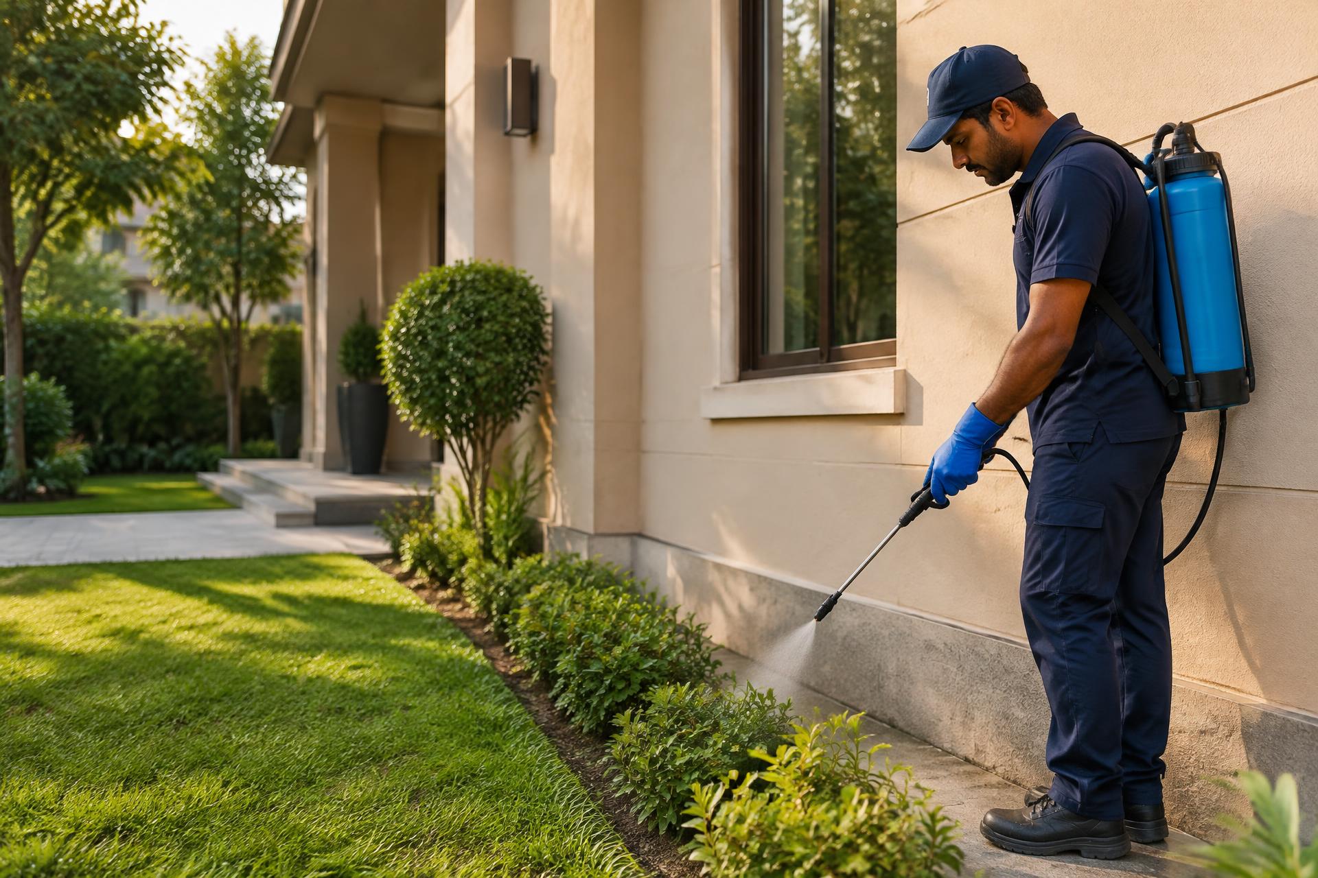 Professional technician applying termite treatment at a modern Lahore residence